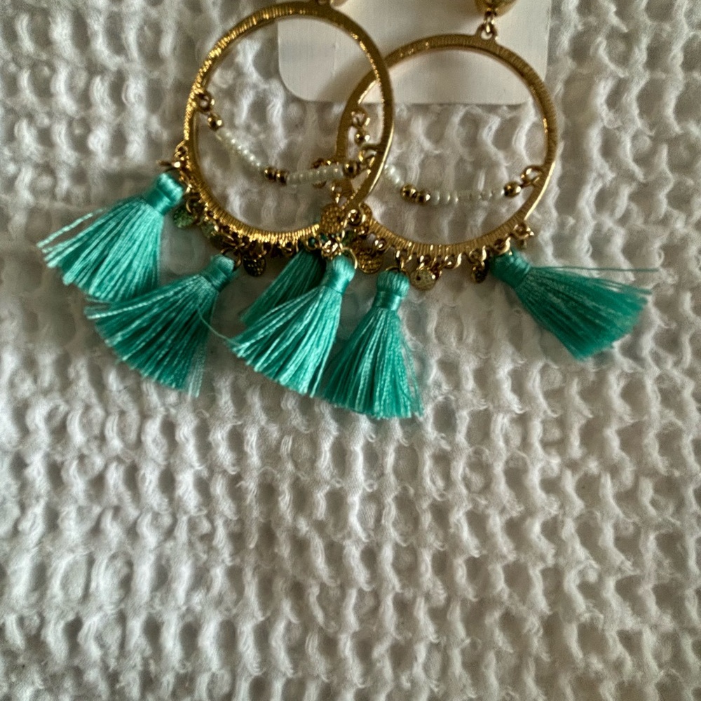 Gold and Teal Tassel Hoop Earrings